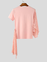 Men's Solid Color Lace Patchwork Knitted Short Sleeve T-shirt SKUL42802