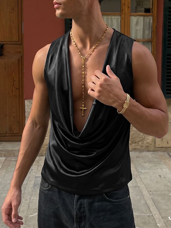 Men's High-End Party Silky Satin Draped Deep Cowl Neck Tank SKUL71414