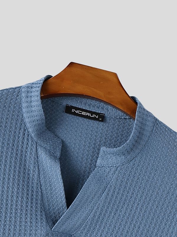 Men's Avant-Garde Modern Neo-Chinese Zen Waffle Knit Drop Shoulder T-shirt SKUL73499