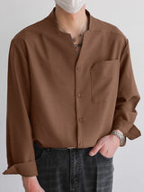 Mens Solid Notched Neck Long Sleeve Shirt SKUK61142