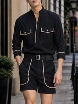 [Pre-order] Men's Smart Luxury Vacation Resort Contrast Piping Flap Pocket Two Pieces Outfit SKUL86968