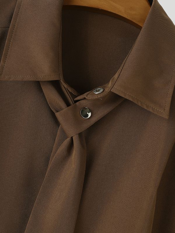 Men's Elegant Smart Casual Solid Color Attached Tie Short Sleeve Shirt SKUL77333