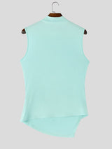 Men's Avant-Garde Asymmetric Slant Button High Neck Crinkled Ruched Tank SKUL67997