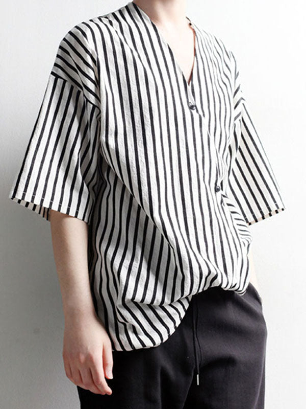 Mens Asymmetrical Front Striped Half Sleeve Shirt SKUK65898