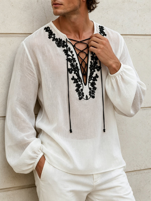 Men's Retro Resort Floral Embroidery Lace-Up Lantern Long Sleeve V-Neck Shirt SKUL79730