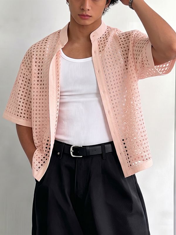 Men's Vintage Modern Chinese Mandarin Collar All-Over Eyelet Lace Cropped Short Sleeve Shirt SKUL71416