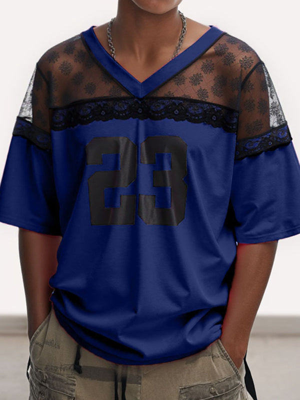 Men's Number Print Sheer Lace Patchwork Short Sleeve T-Shirt SKUL19020