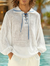 Men's Sheer Hollow Drawstring Long Sleeve Shirt SKUL47629