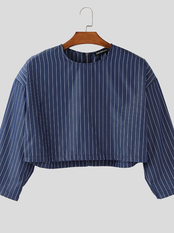 Men's Back Zipper Striped Cropped Shirt SKUL41259