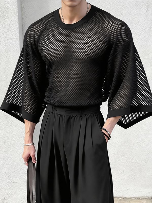 Men's Sheer Mesh Loose Fit Long Sleeve T-shirt SKUL55425