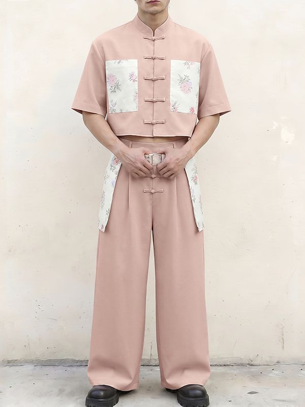 Men's New Chinese Style Floral Print Patchwork Cropped Frog Button Two Pieces Outfit SKUL61177