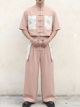 Men's New Chinese Style Floral Print Patchwork Cropped Frog Button Two Pieces Outfit SKUL61177