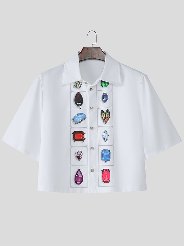 Mens Diamond Print Patchwork Cropped Short-Sleeve Shirt SKUL13692