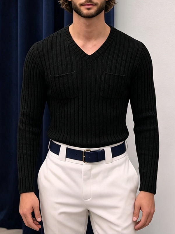 Men's Early Autumn Urban Casual Ribbed Double Pocket Long Sleeve V-Neck Sweater SKUL81073