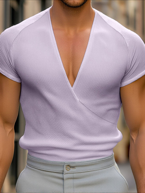 Mens Solid Color Textured Deep V-Neck Short Sleeve T-Shirt SKUL16866
