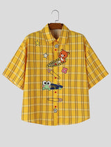 Men's Harajuku Kawaii Cartoon Bear Frog Plaid Short Sleeve Shirt SKUL59521