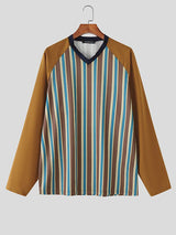 Men's Striped Color Block V Neck Long Sleeve T-Shirt SKUL32989