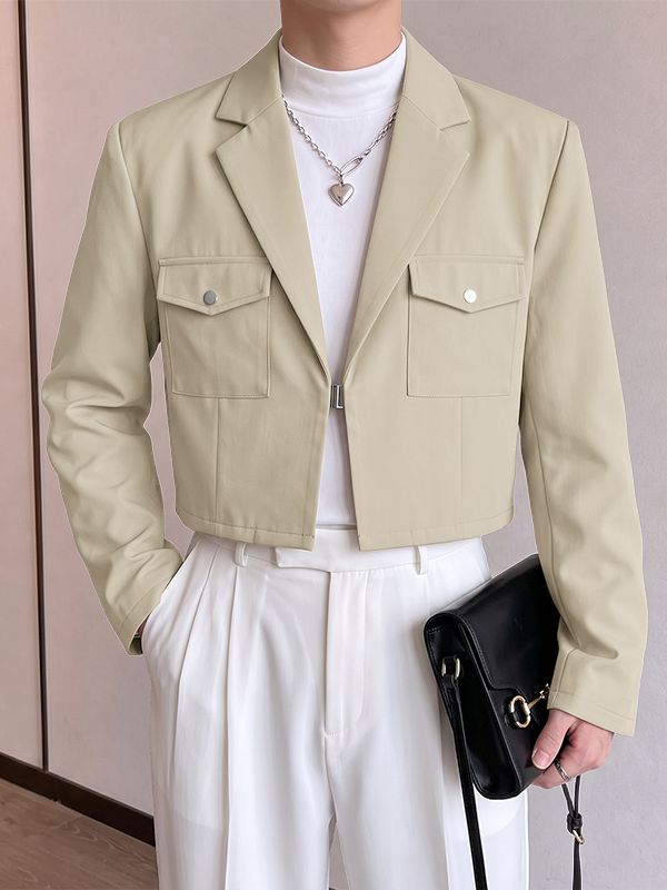 Men's Clean-Fit Minimalist City Walk Notch Lapel Metal Buckle Flap Pocket Cropped Blazer SKUL85231