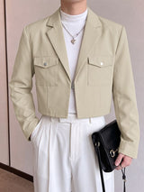 Men's Clean-Fit Minimalist City Walk Notch Lapel Metal Buckle Flap Pocket Cropped Blazer SKUL85231