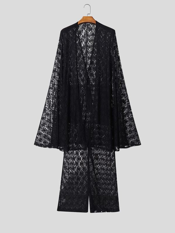 Men's Cape Patchwork Design Sheer Lace Jumpsuit SKUL53952