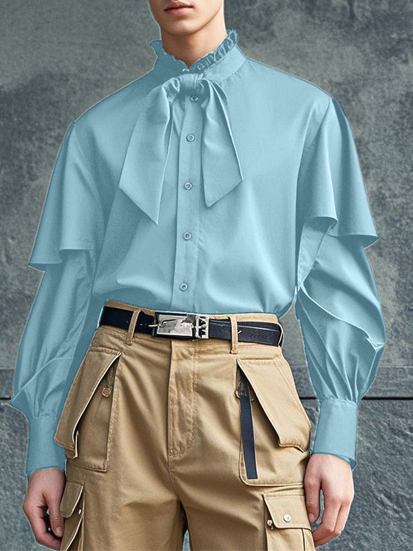 Mens Ruffled Stand Collar Long-Sleeve Shirt SKUK94595