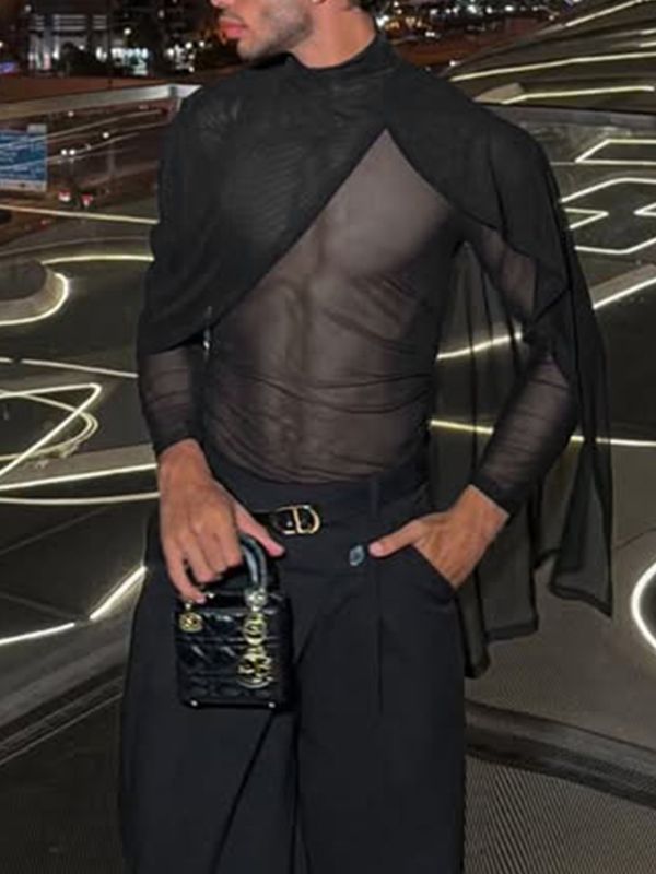 Men's Sheer Shawl Patchwork Long Sleeve T-shirt SKUL57164