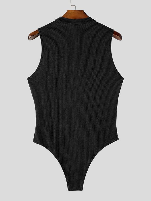 Men's Sexy Avant-Garde Nightclub Party Metal Chain Plunging Cutout Ribbed Bodysuit SKUL84567