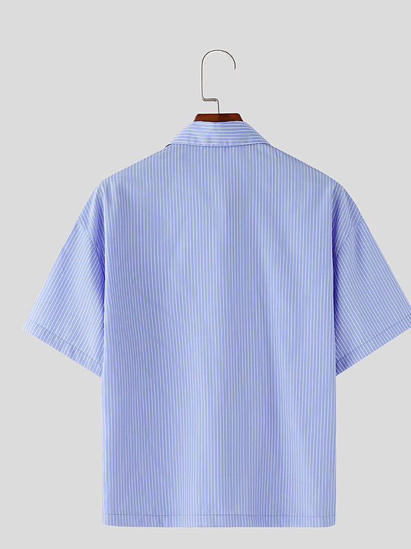 Mens Simple Striped Short Cropped Short Sleeve Shirt SKUL02352