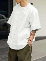 Men's Minimalist Button-Front Collarless Boxy Short Sleeve Shirt SKUL60145
