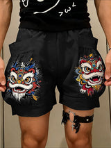 Men's Vintage Modern Chinese Lion Dance Graphic 3D Pocket Loose Cargo Short SKUL63709