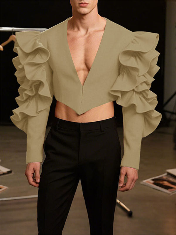 Men's Ruffle Patchwork V-Neck Cropped Long Sleeve Blazer SKUL27265