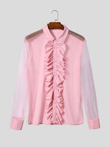Men's Avant-Garde Romantic Sheer Mesh Ruffled Front Button-Down Shirt SKUL63169