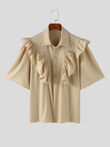 Mens Ruffles Lapel Collar Short Sleeve Shirt SKUK48363