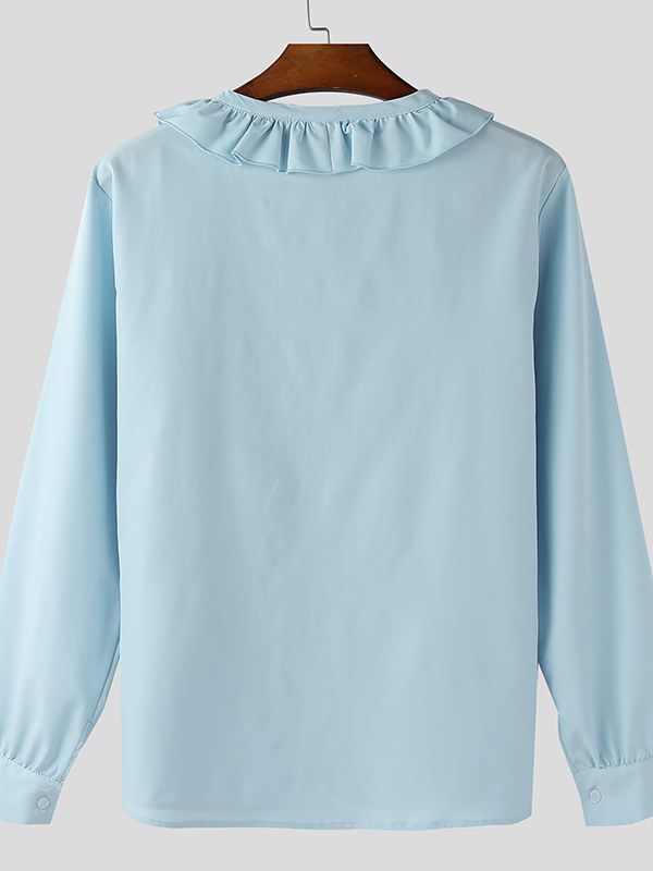 Men's Solid Color Ruffle V-Neck Long Sleeve Shirt SKUL50528