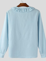 Men's Solid Color Ruffle V-Neck Long Sleeve Shirt SKUL50528