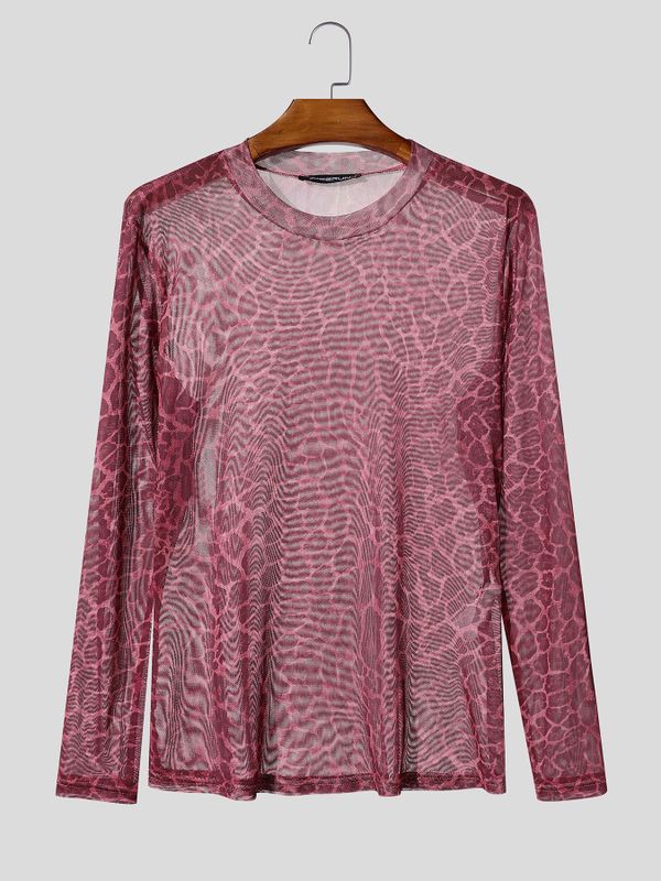 Men's Sexy Clubwear Sheer Leopard Pattern Second Skin Muscle Fit Long Sleeve Crew Neck T-shirt SKUL82464
