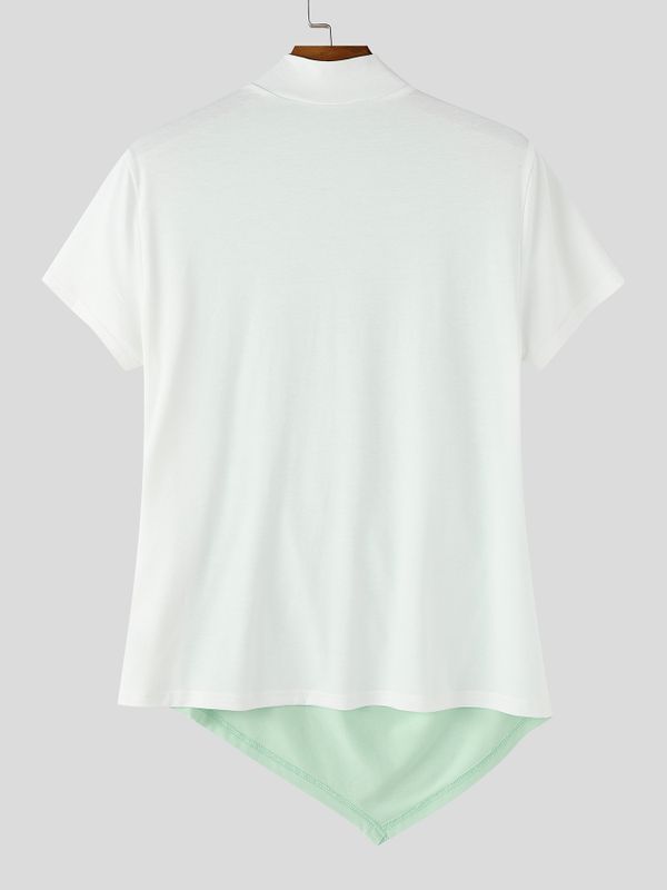 Men's Avant-Garde Deconstructed Asymmetric High-Neck Draped Fitted Short Sleeve T-shirt SKUL71253