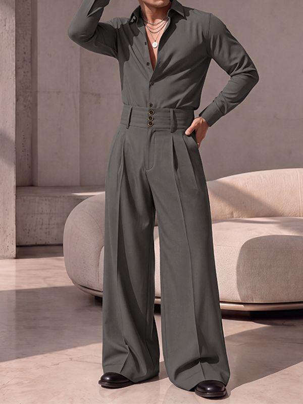 Men's Retro Quiet Luxury Multi Button Cummerbund Waist Pleated Two Pieces Outfit SKUL82400