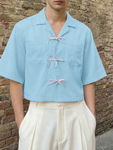 Men's Minimalist Double Pocket Bow Tie Short Sleeve Shirt SKUL58724