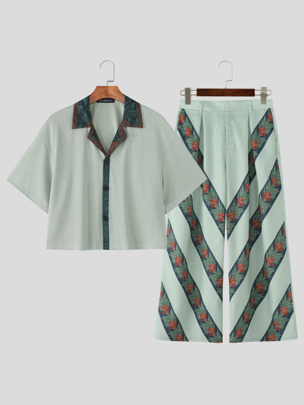 Men's Floral Print Colorblock Two Pieces Outfit SKUL15181