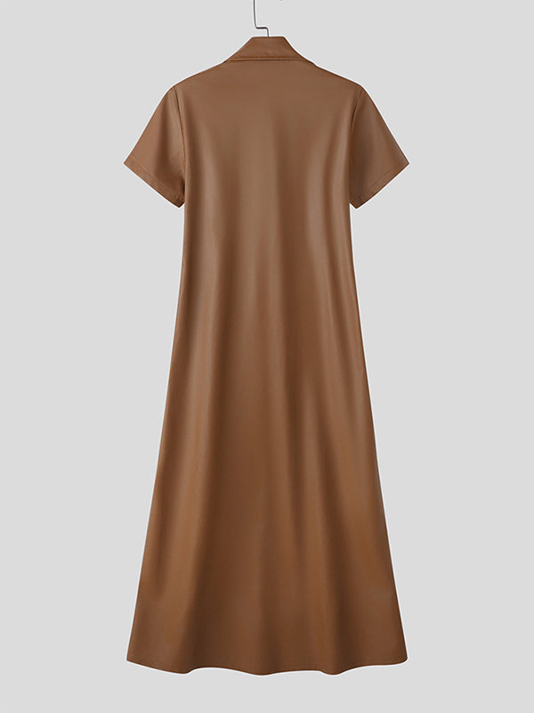 Men's Solid Faux Leather Lapel Short Sleeve Cardigan SKUL26034