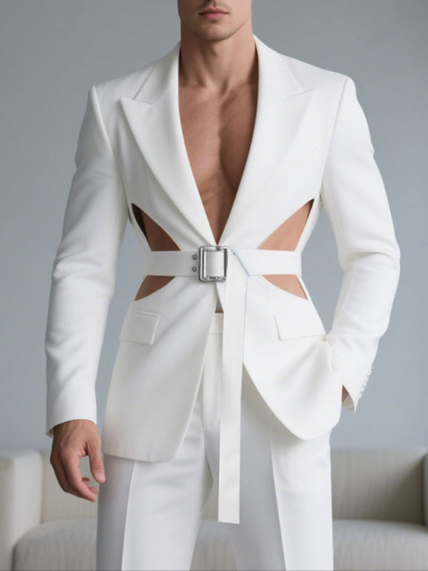 Men's Solid Hollow Out Waist Long Sleeve Casual Blazer SKUL28103