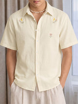 Men's Casual Minimalist Print Moon and Floral Short Sleeve Shirt SKUL74814