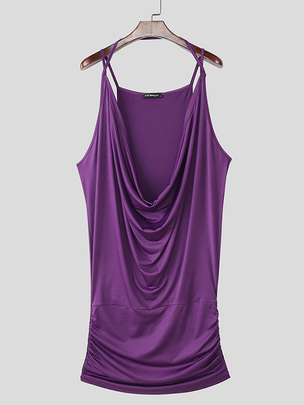 Mens Solid Color Cowl Neck Semi-Sheer Tank SKUL12390