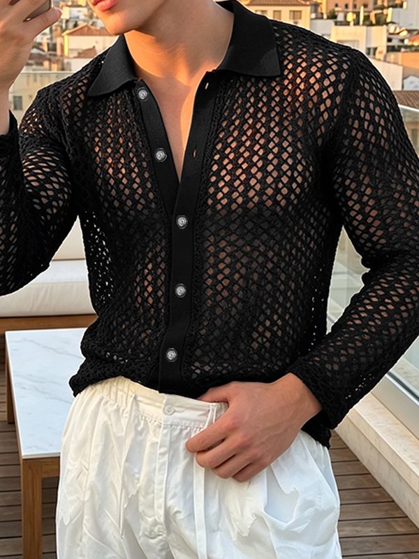 Men's Beach Resort Open Knit Mesh Sheer Long Sleeve Button Down Polo Shirt SKUL73669