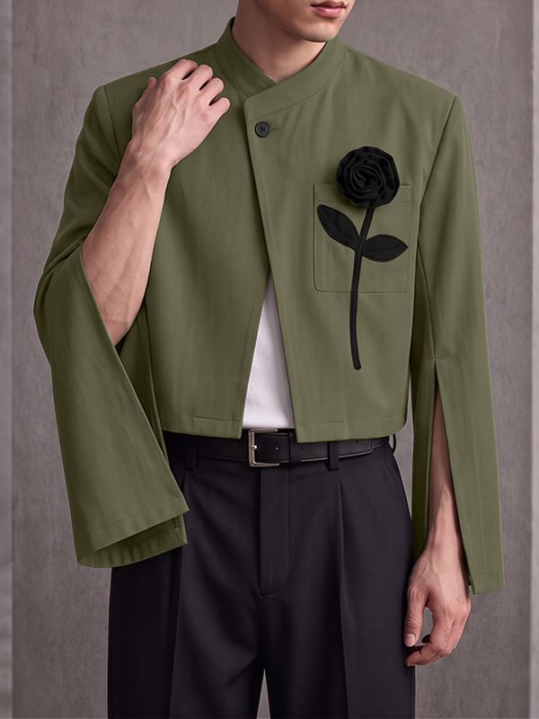 Men's Neo-Chinese Chic Evening Gala 3D Rose Flower Slit Cape Sleeve Mandarin Collar Blazer SKUL85235