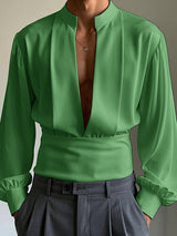 Mens Solid Color Deep V-Neck Long Sleeve Shirt SKUL01100