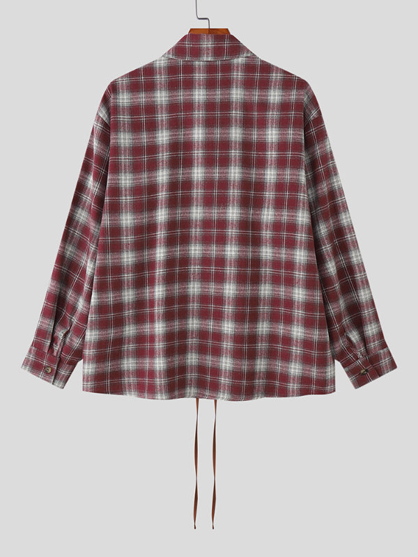 Men's Plaid Colorblock Faux Two-Piece Long Sleeve Shirt SKUL27296