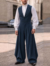 Men's Victorian Vintage Stage Performance Pinstripe Lapel Vest Pleated Wide-Leg Jumpsuit SKUL84568
