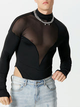 Mens Mesh Patchwork See Through Half-Collar Bodysuit SKUK37393